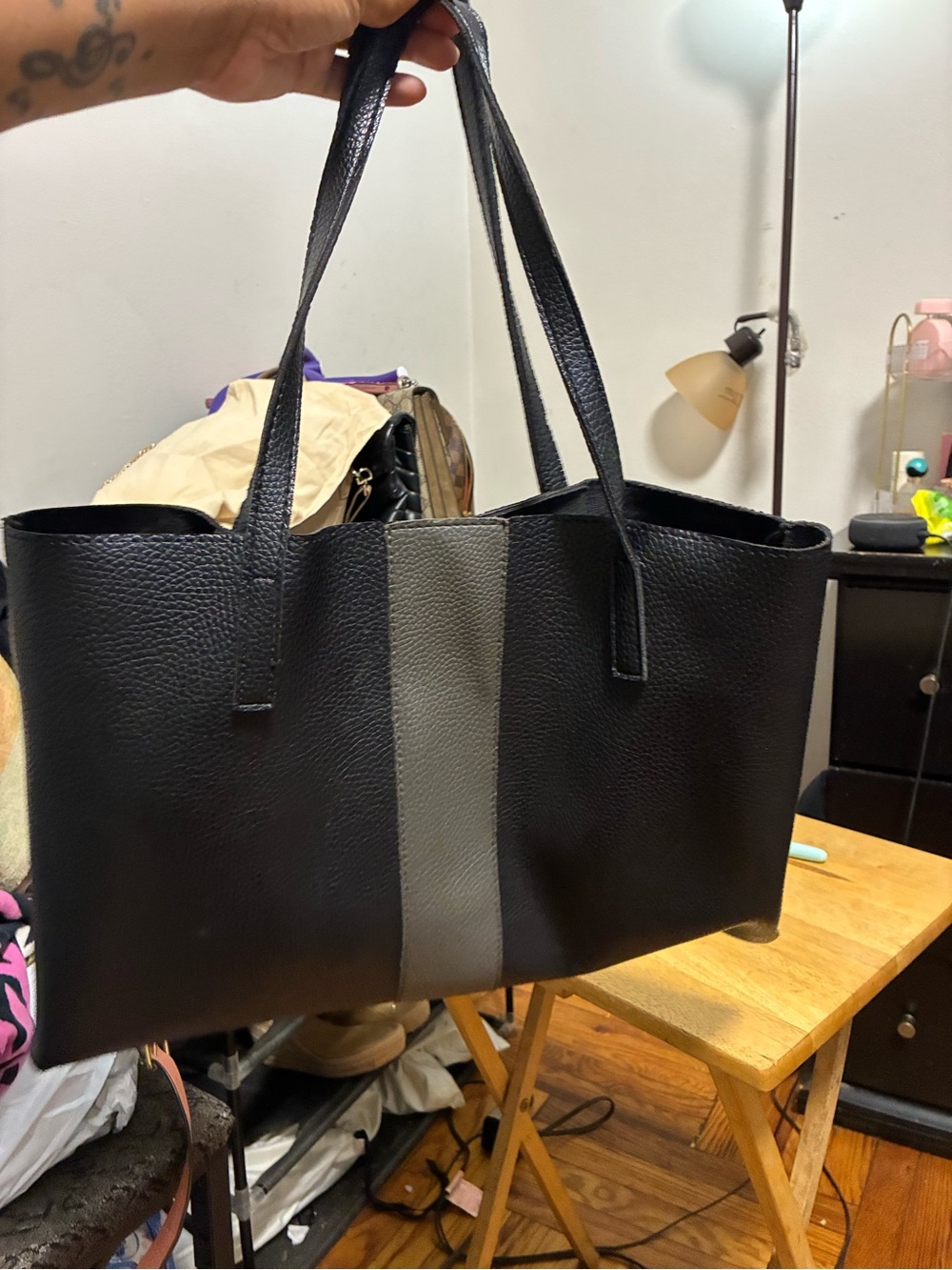 Black Tote Bag with Center Gray Stripe